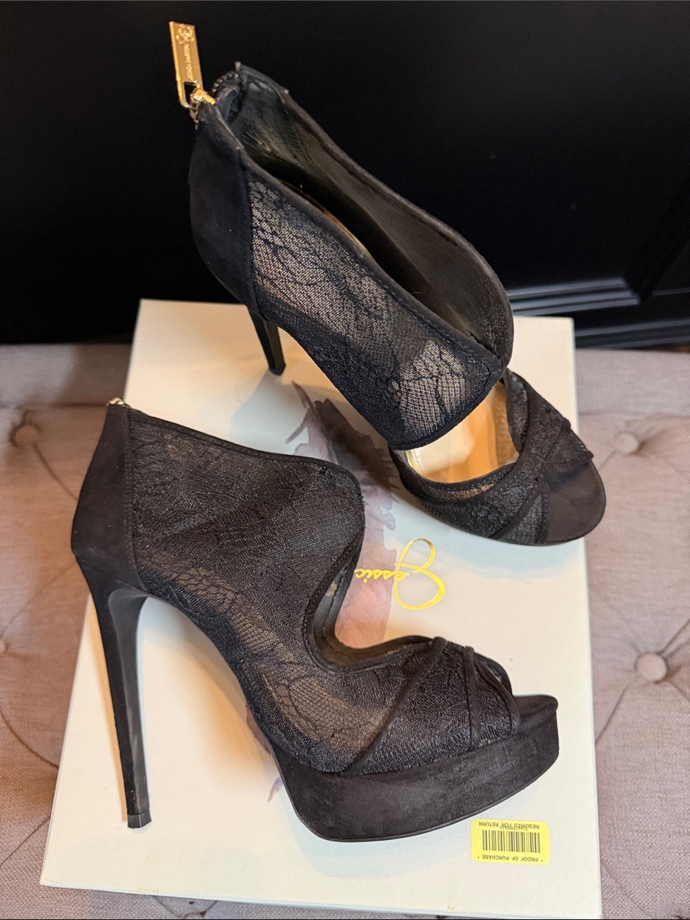 Jessica Simpson Black Lace Peep-Toe Platform Heels